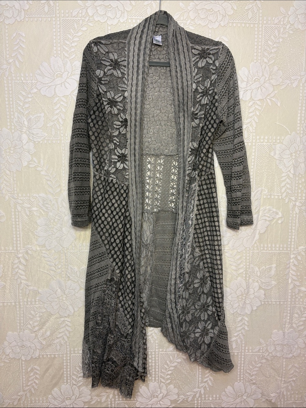 Long Gray Floral Open-Front Knit Patchwork Style w/ Stripes Cardigan - Women's